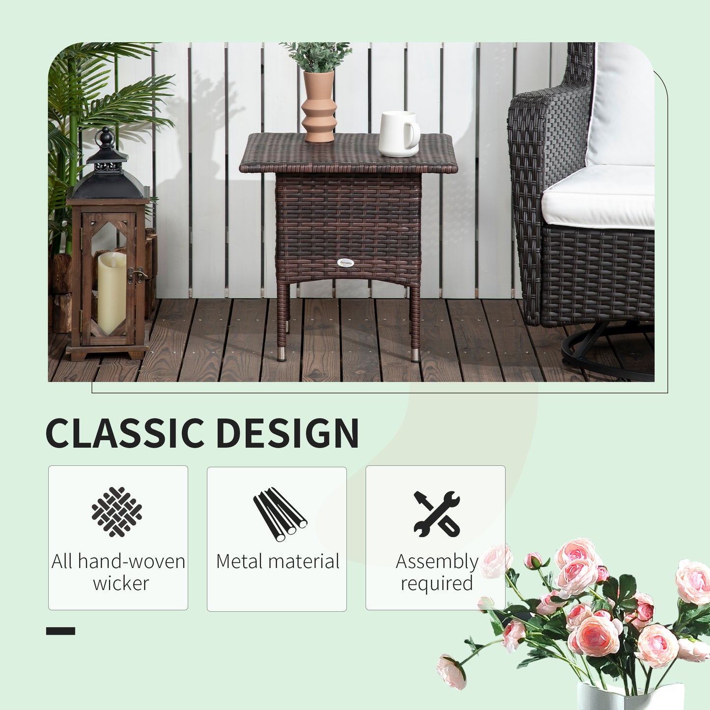 20" Patio Wicker Coffee Table, Outdoor Coffee Table with Plastic Board Underneath the Woven Tabletop for Patio, Garden, Balcony, Black