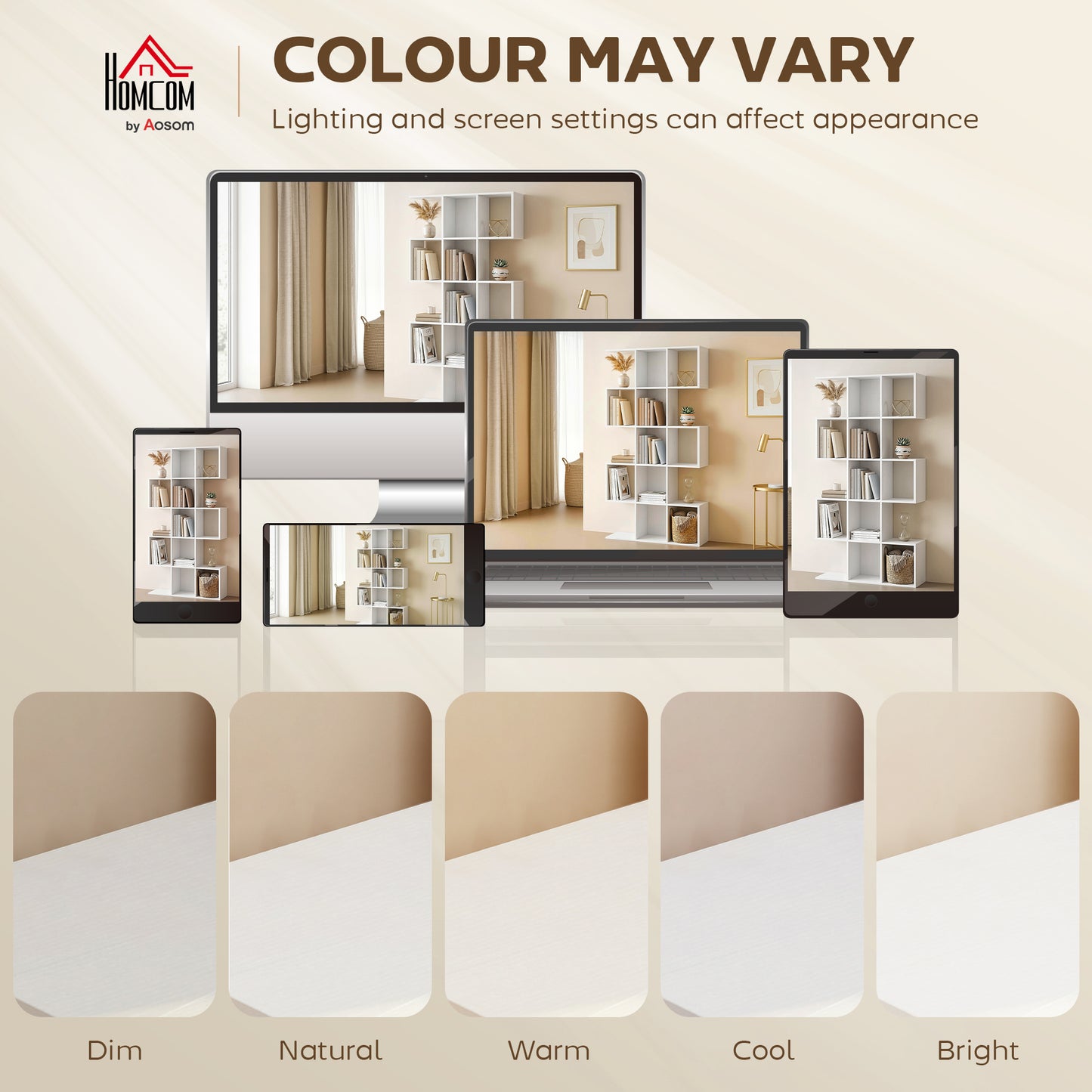 5-Tier Bookshelf, S Shaped Geometric Bookcase with 15 Compartments, White Wood Grain