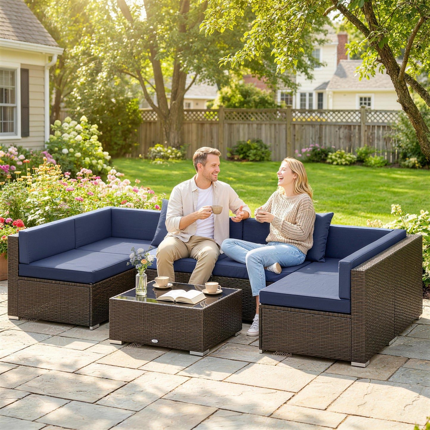7pc Garden Wicker Sectional Set w/ Tea Table Patio Rattan Lounge Sofa Outdoor Deck Furniture Navy Blue