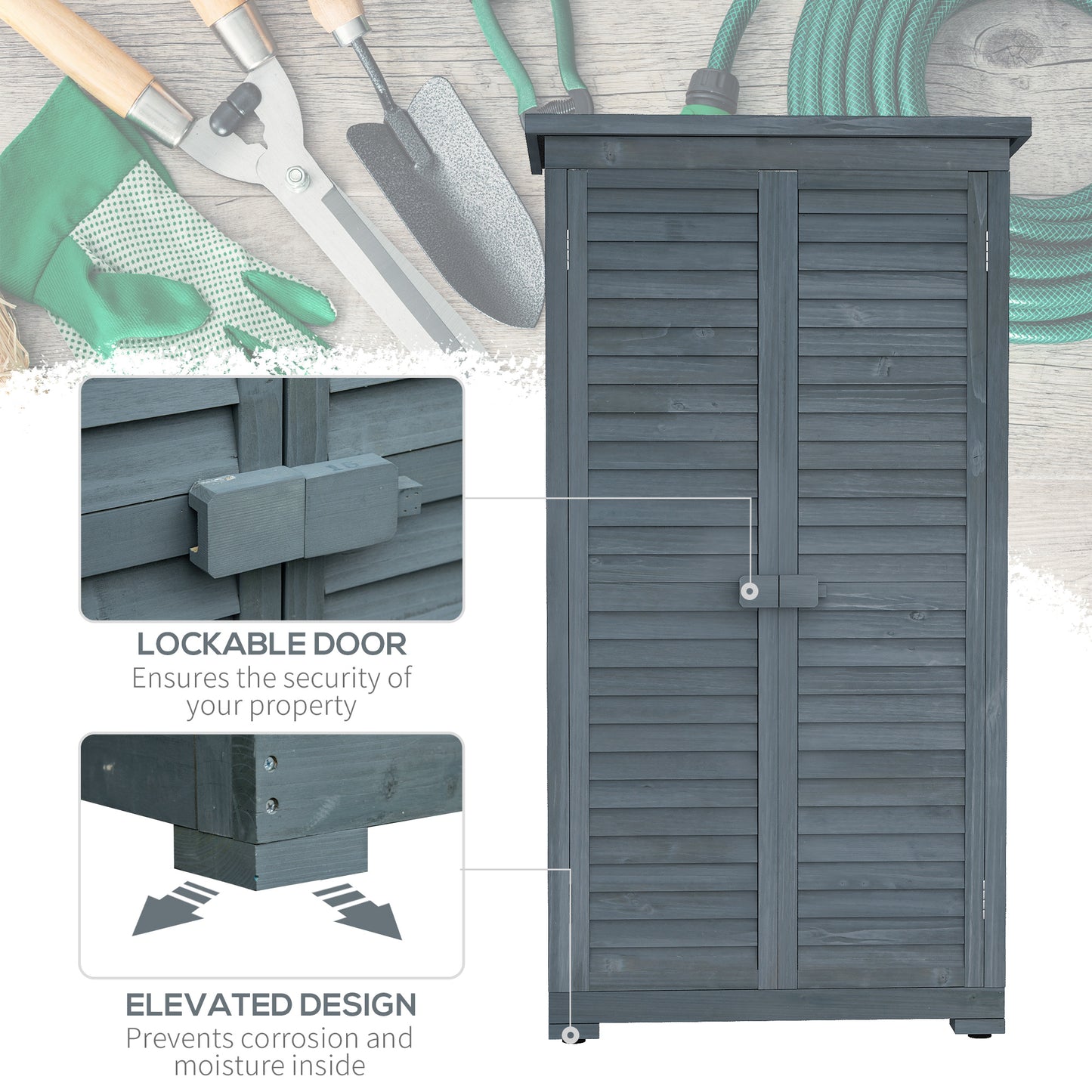 Outdoor Garden Shed, Wooden Tool Storage Shed, 3-Tier Shelves, Asphalt Roof, Shutter Doors, 34.3" x 18.3" x 63", Grey