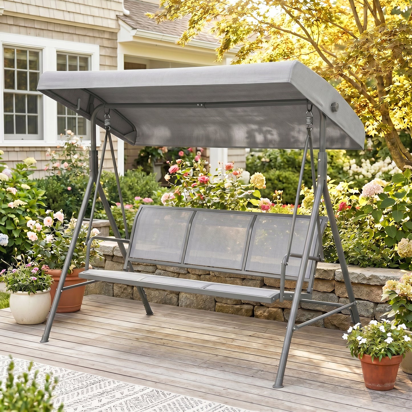 3-Seater Swing Chair Covered Garden Hammock A-Frame Outdoor Porch Glider Sling Seat with Adjustable Canopy Cover, Grey