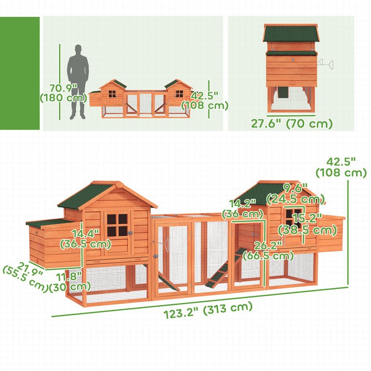 123" Orange Wooden Chicken Coop with Run & Nesting Boxes