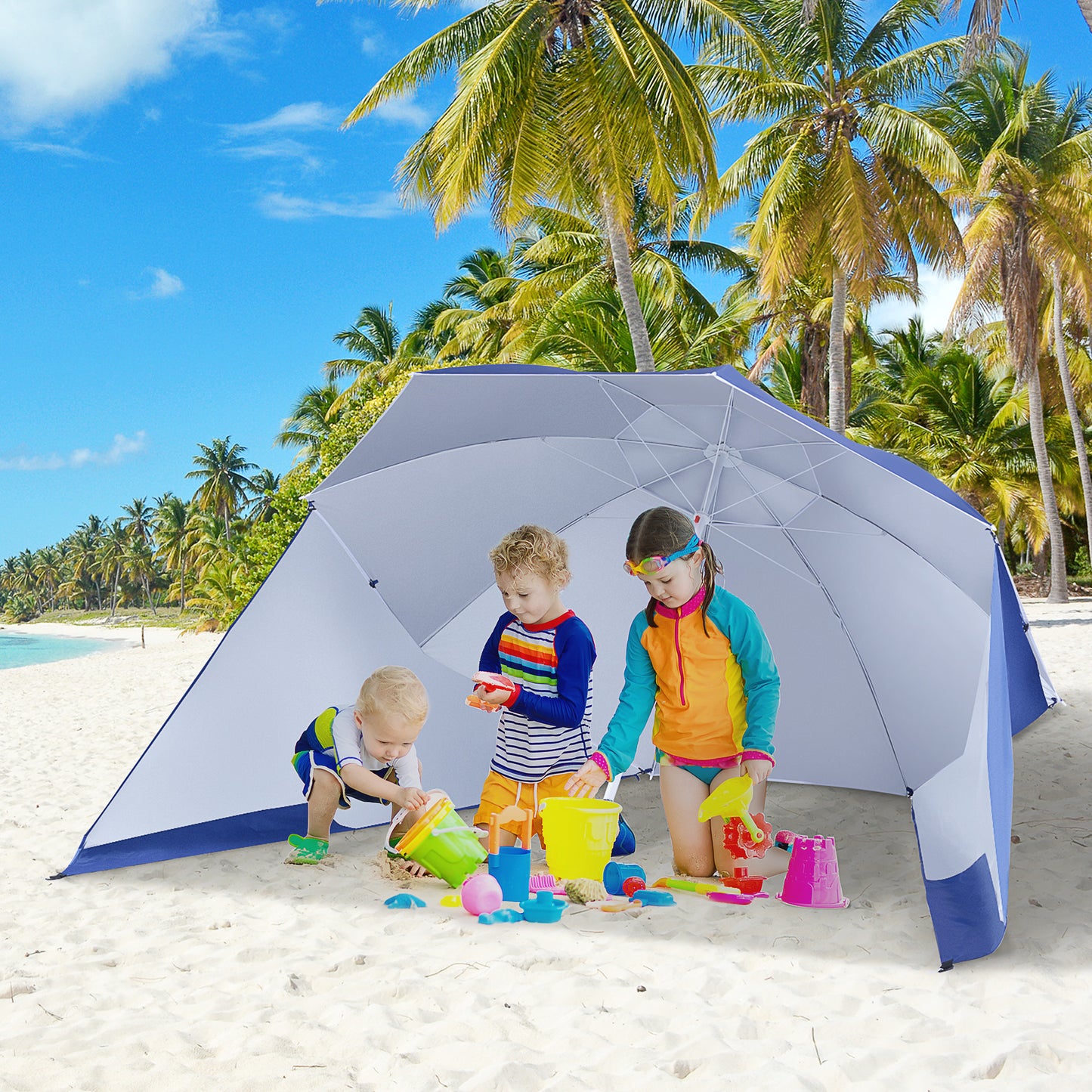 7.5FT 2-in-1 Beach Umbrella with Carry Bag, Umbrella Shelter with Silver Coated UPF50+ UV Protection and Adjustable Height for Camping, Fishing, Backyard, Blue