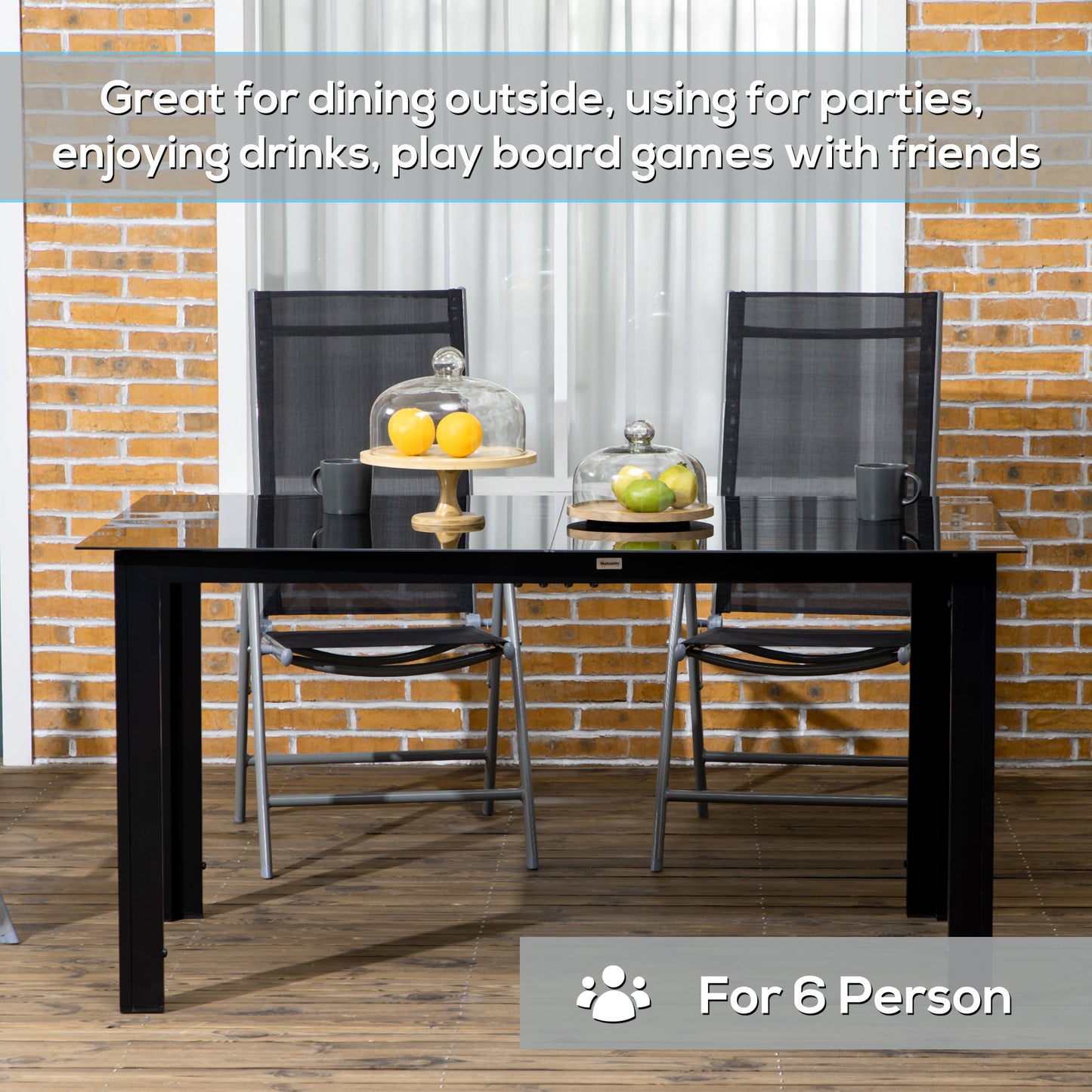 Aluminium Outdoor Dining Table for 6, 59" x 35" Rectangle Patio Table with Tempered Glass Tabletop, for Garden, Backyard, Lawn, Balcony, Black