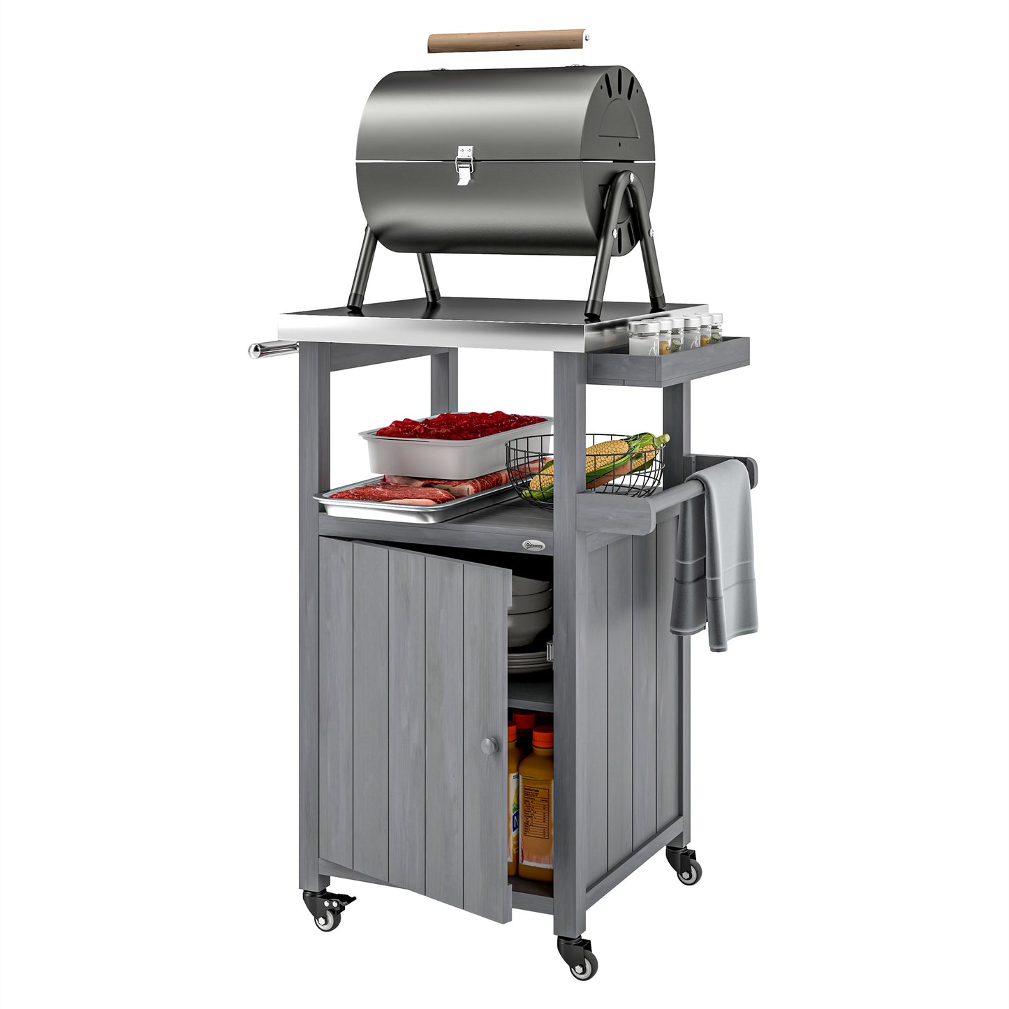 Grill Table with Stainless Steel Top, Pizza Oven Table with Storage Cabinet, Spice Rack, Wheels, Handle, Dark Grey