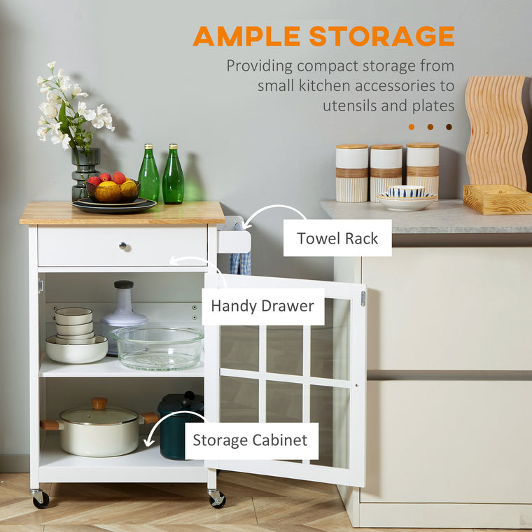 Rolling Kitchen Cart with Glass Door Cabinet - White