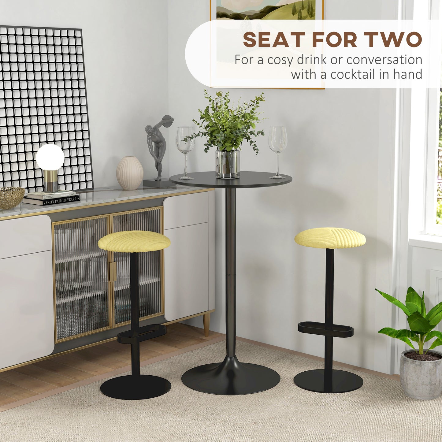 High Top Bar Table, Modern Round Dining Table with Painted Top and Steel Base, Bistro Table for 2 People, Black