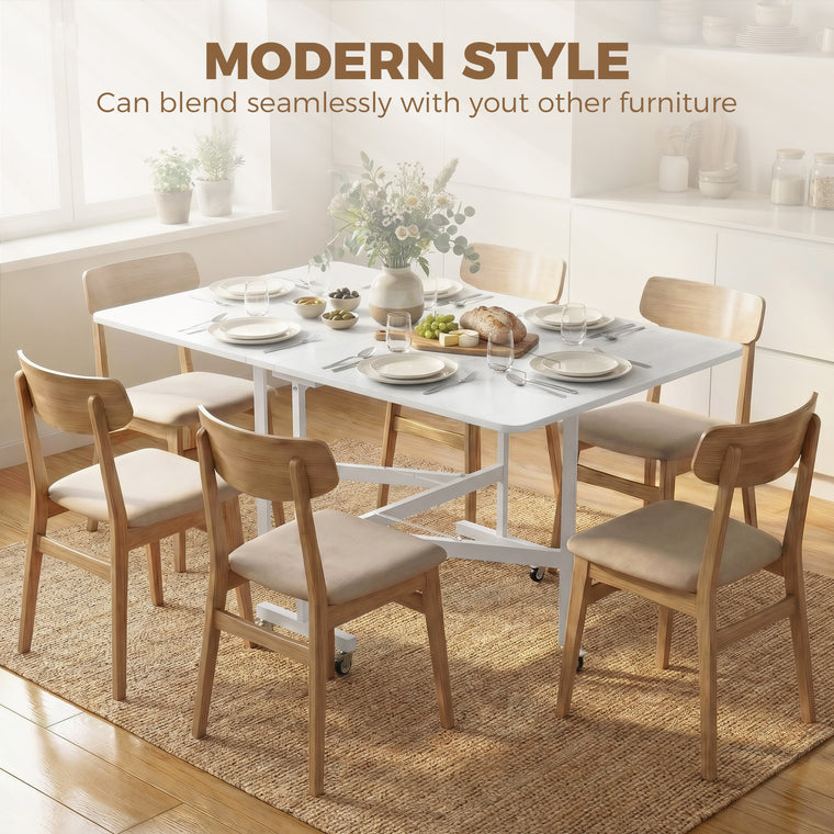 6-Seater Drop-Leaf Dining Table with Wheels - White