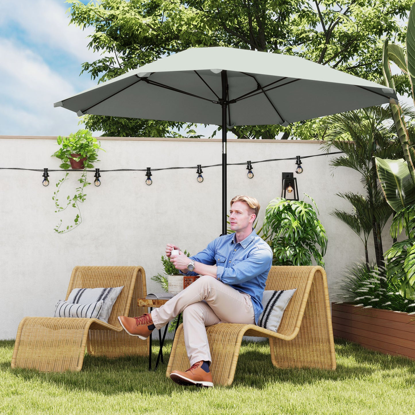 7.6FT Aluminum Patio Umbrella Parasol 8 Ribs Outdoor Market Umbrella with Crank, Push Button Tilt for Deck, Backyard and Lawn, Light Grey