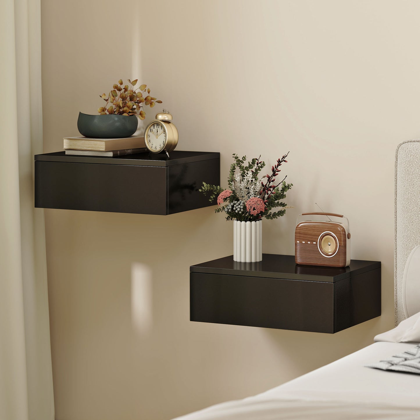 Set of 2 Wall Mounted Bedside Tables, Floating Nightstands with Drawer for Bedroom, Black