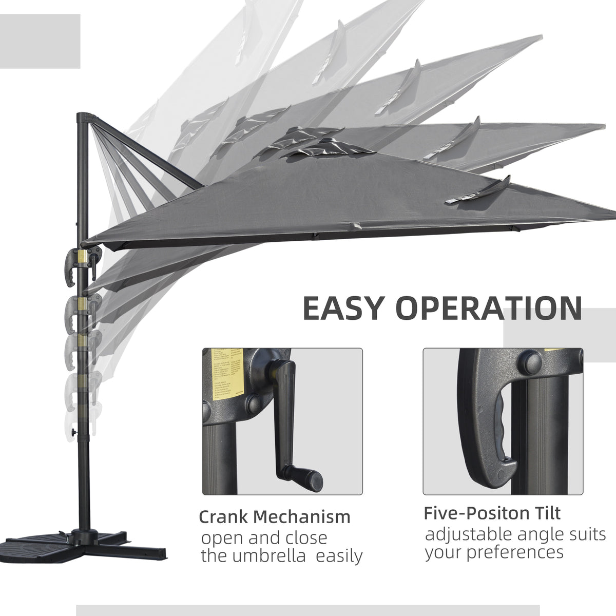 9ft Dark Grey Square Cantilever Umbrella with Cross Base & Tilt