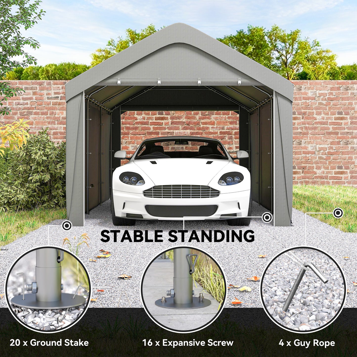 Carport, 10 x 20 ft Portable Garage with 2 Roll-Up Doors and Removable Sidewalls for Car, Truck, Boat, Light Grey
