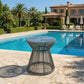 Round End Table, Rattan Side Table, Hollow Drum Design Coffee Table w/ Glass Top for Patio, Garden, Balcony, Dark Grey