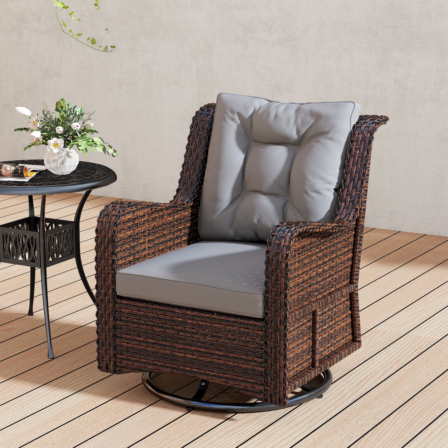 PE Rattan 360° Swivel Patio Chair with Cushion, Dark Grey