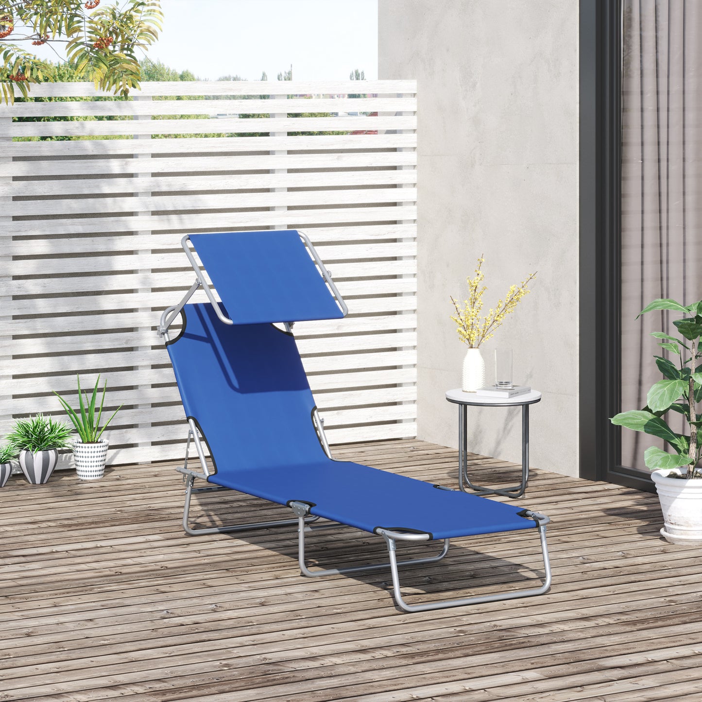 Outdoor Lounge Chair, Adjustable Folding Chaise Lounge, Tanning Chair with Sun Shade for Beach, Camping, Hiking, Backyard, Light Grey