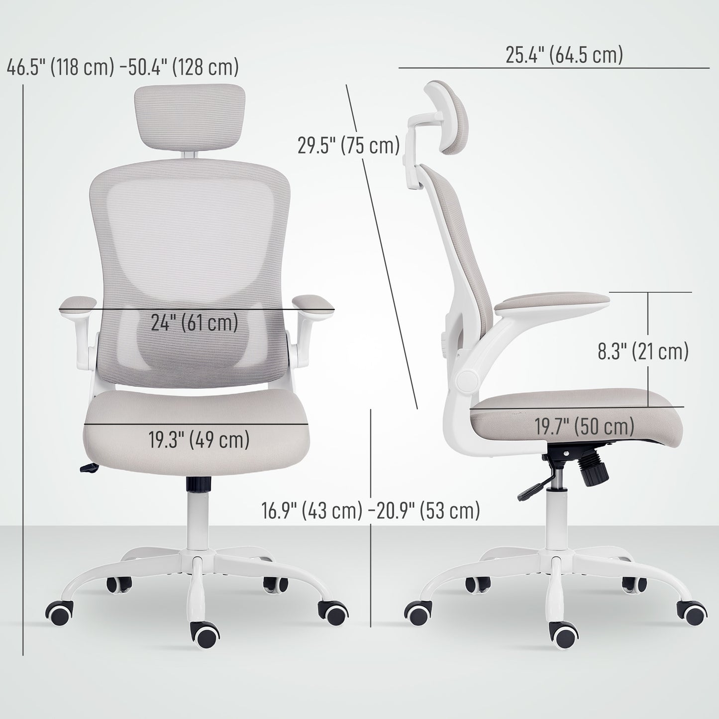 Ergonomic Office Chair, Mesh Desk Chair with Adjustable Headrest, Lumbar Support and Height, Flip-Up Armrests, Grey