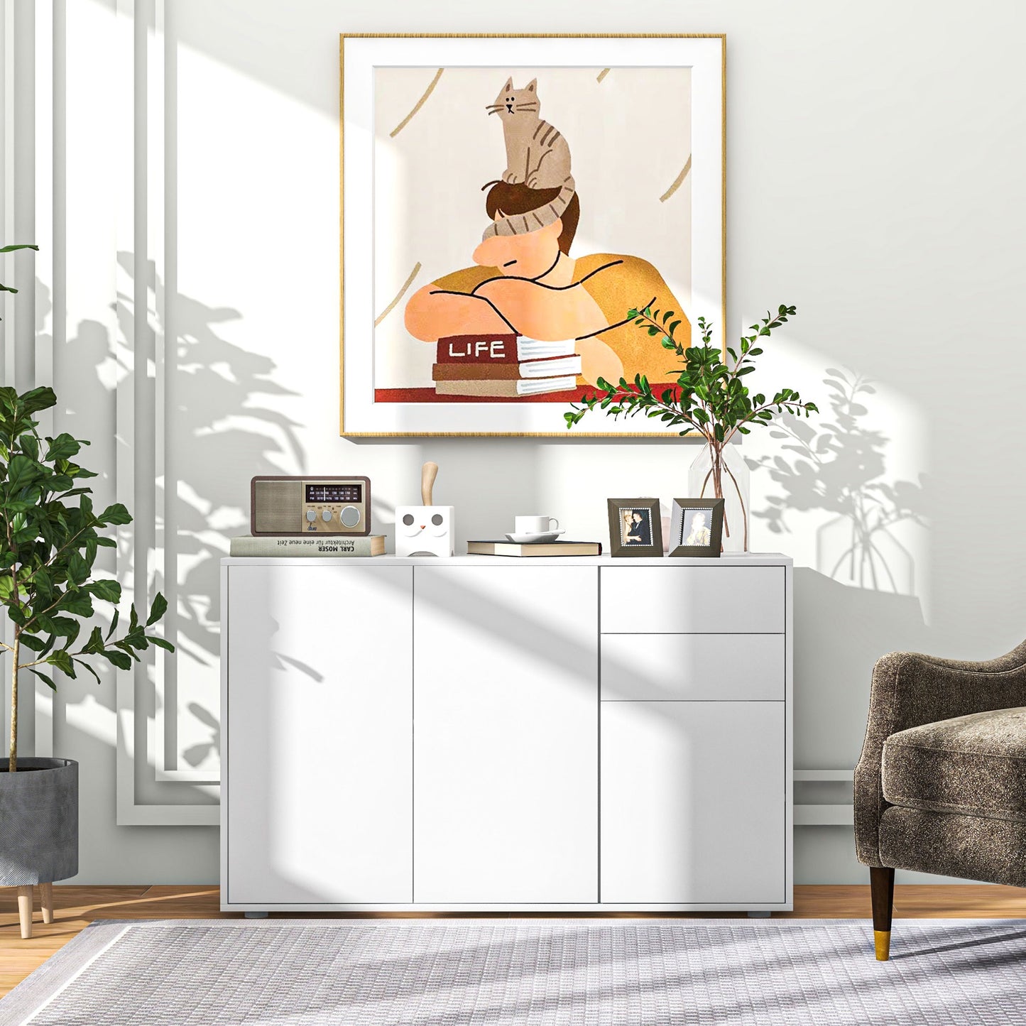 Kitchen Sideboard Storage Cabinet, Modern Coffee Bar with Push-Open Design and 2 Drawers for Living Room, White
