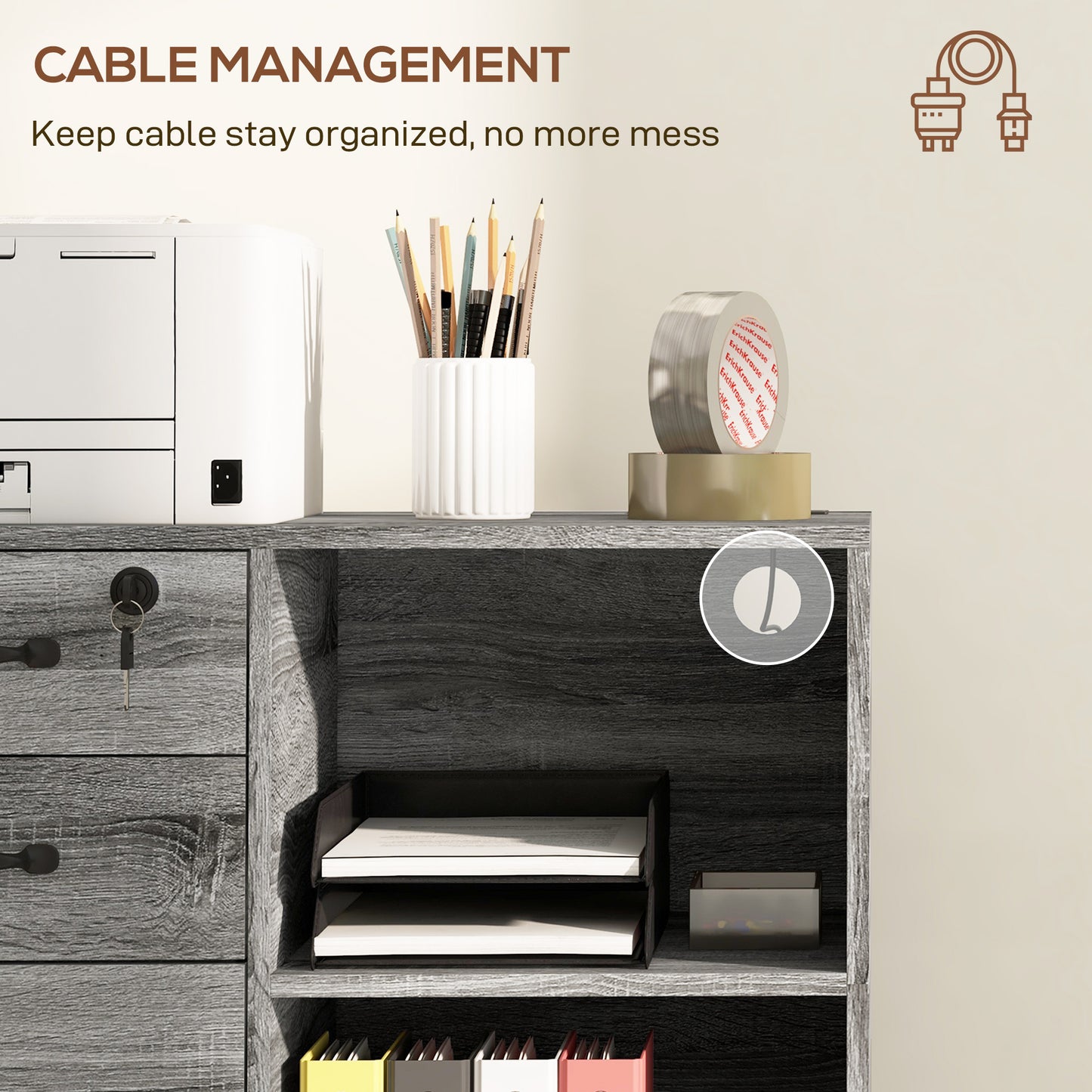 Mobile Printer Stand with Charging Station USB Ports Locking Filing Cabinet for A4 Letter Size Grey