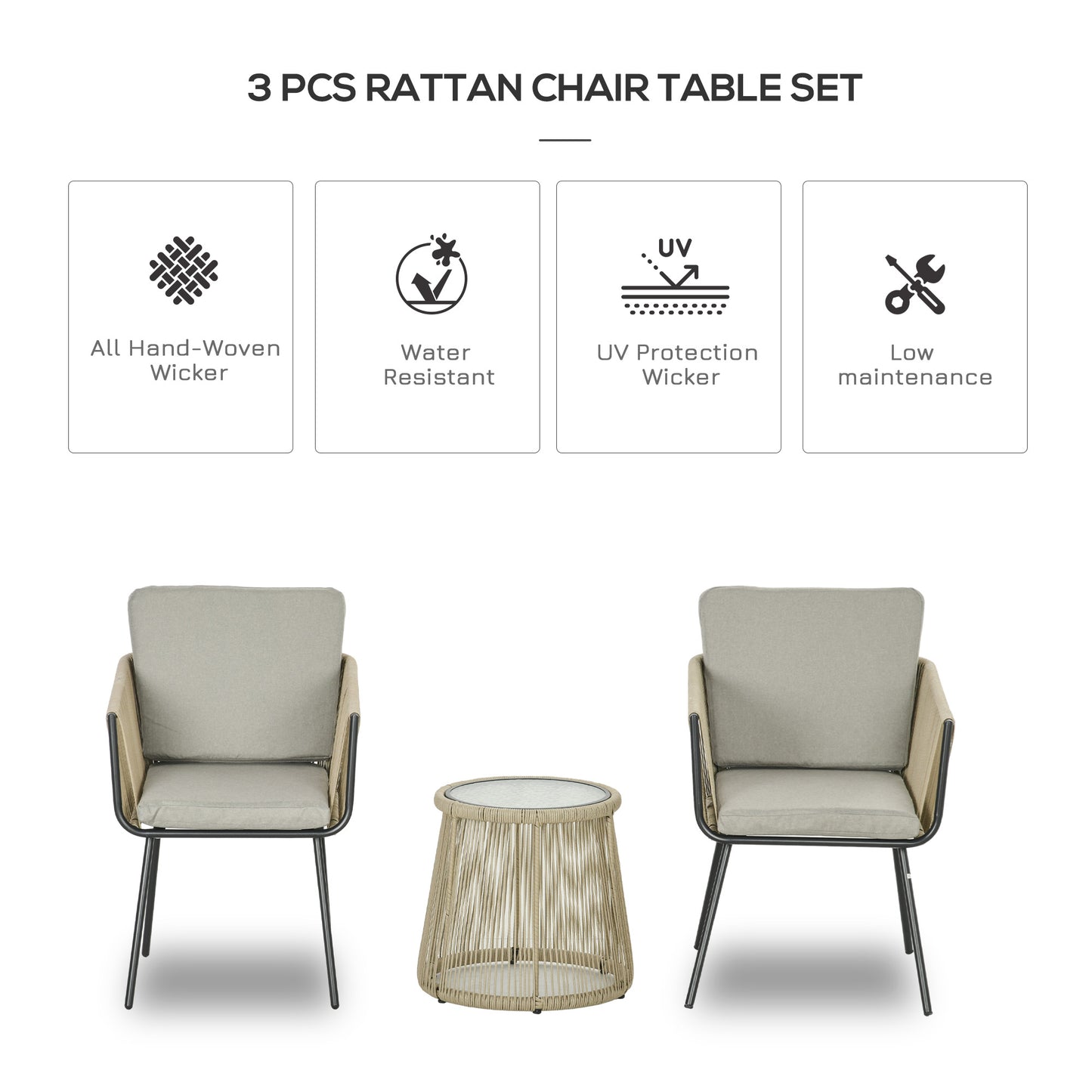 3 Piece Outdoor Patio Bistro Set, Wicker Rattan Furniture with Metal Legs for Garden, Backyard, Light Grey