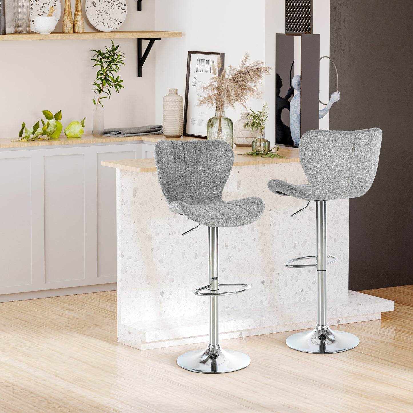 Set of 2 Counter Height Bar Stools Swivel Stool Height Adjustable Bar Chairs with Footrest for Kitchen Dining Home Pub, Grey