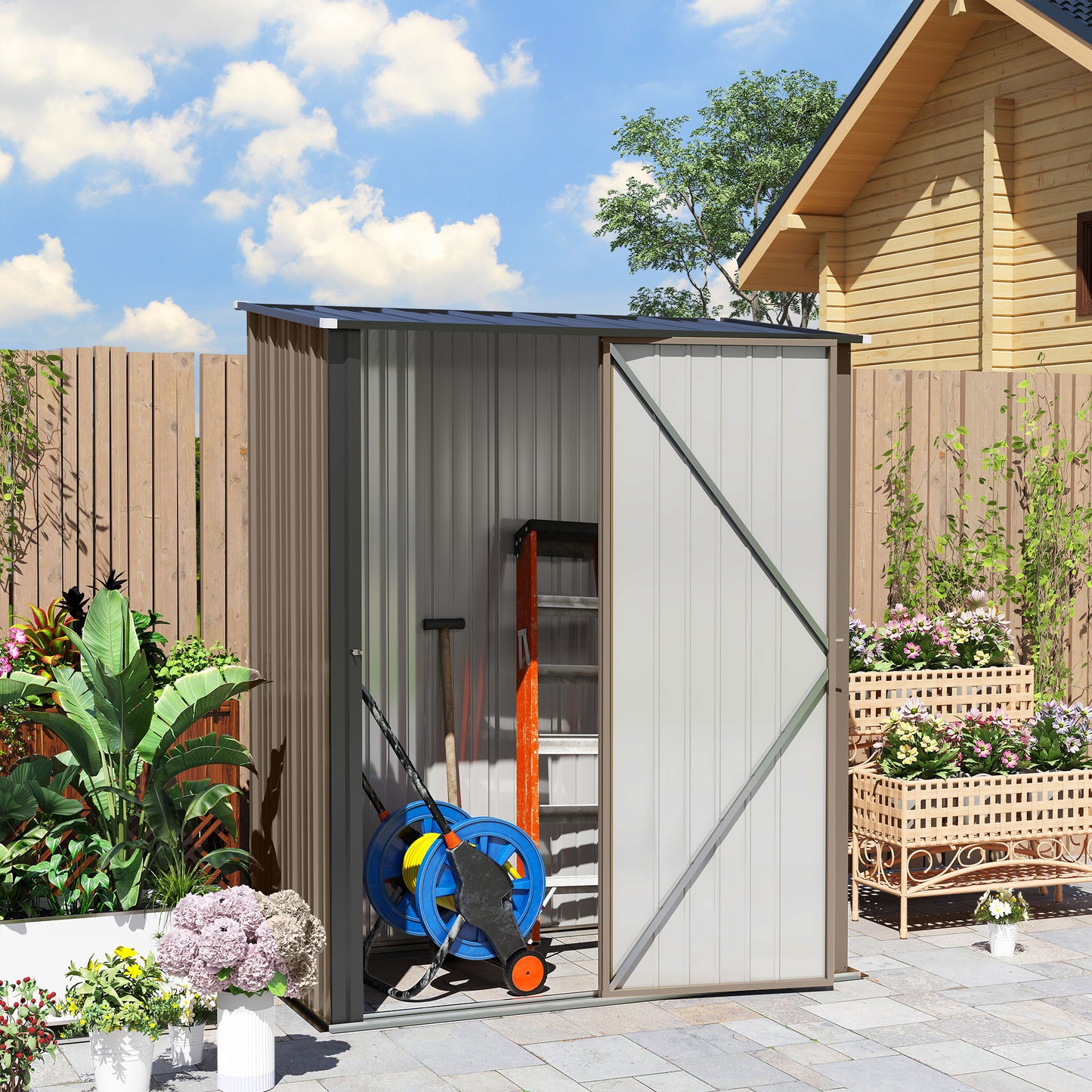 5' x 3' Outdoor Storage Shed, Steel Garden Shed with Single Lockable Door, Tool Storage Shed for Backyard, Brown