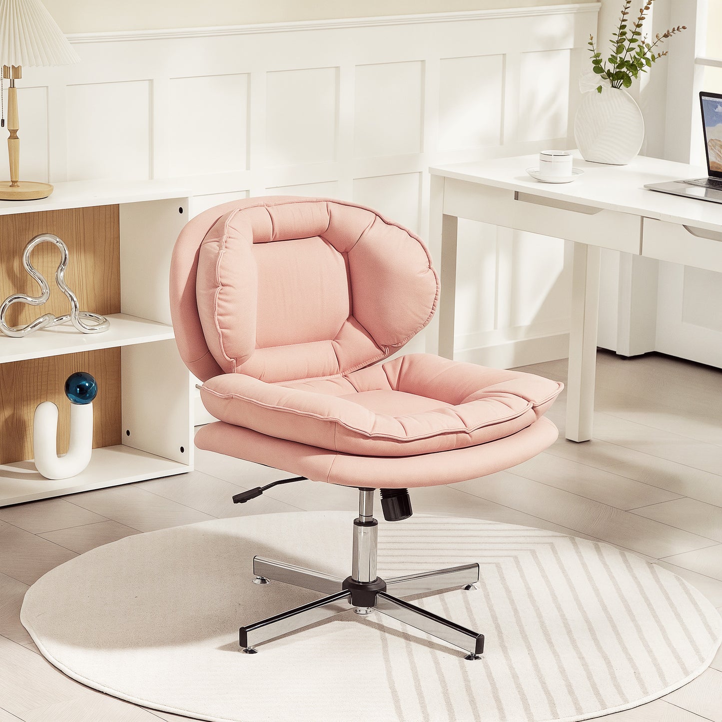 Criss Cross Chair, Armless Wide Office Chair with Leathaire Upholstery, Tilting, No Wheels, Pink