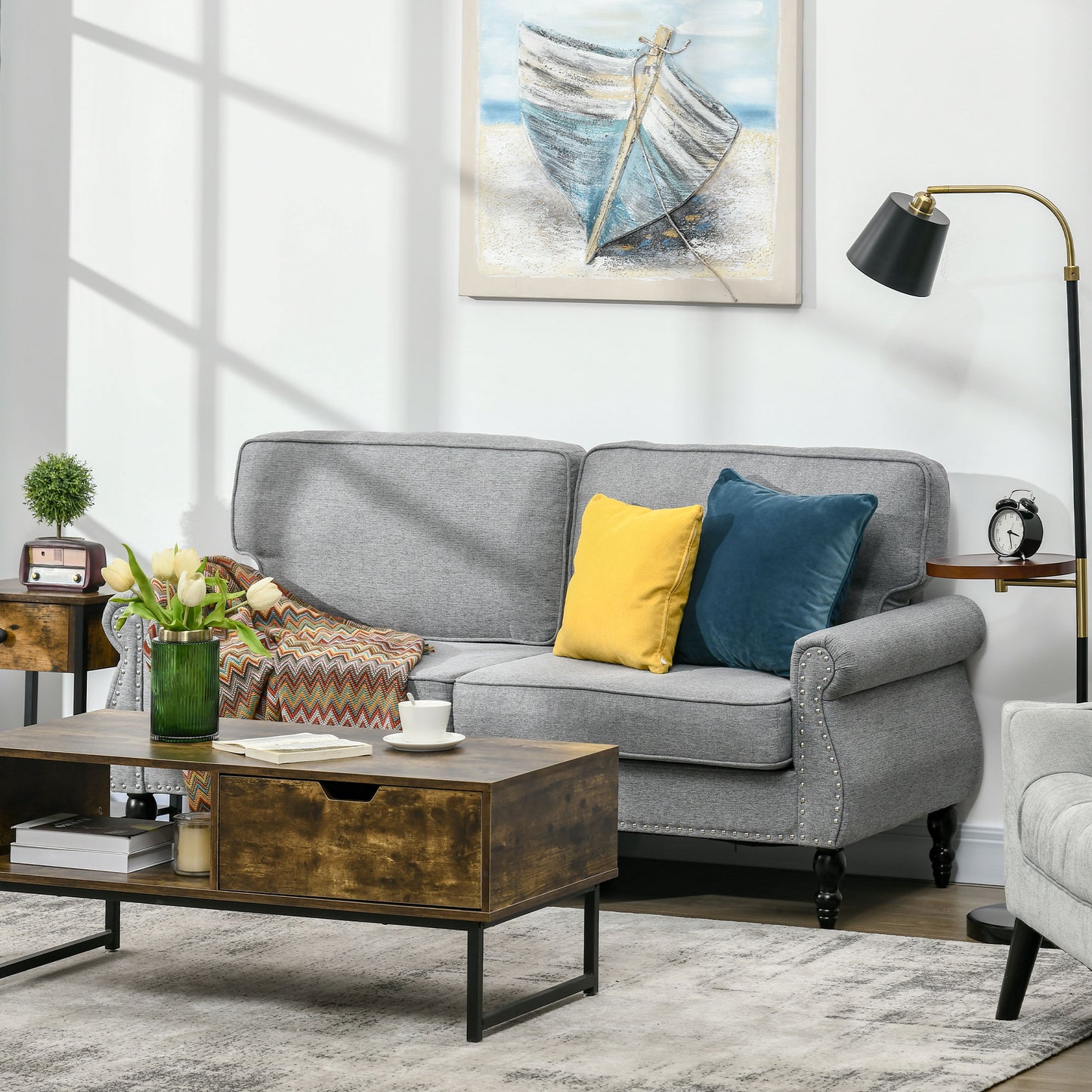 Stylish Midback Double Sofa with Sponge Padding, 2 Seater Sofa Couch, with Rubber Wood Leg, Grey
