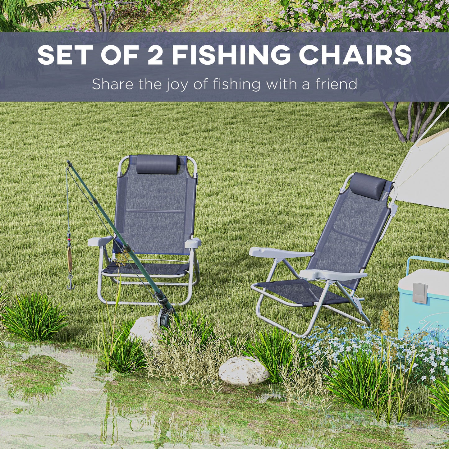 Set of 2 Camping Chairs, Beach Chairs with Adjustable Backrest and Headrest, Folding Chair for Outdoor, Dark Blue