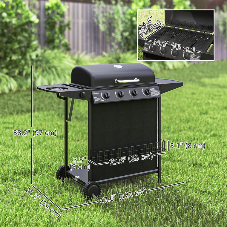 Black 4+1 Burner Propane Gas BBQ Grill with Side Burner