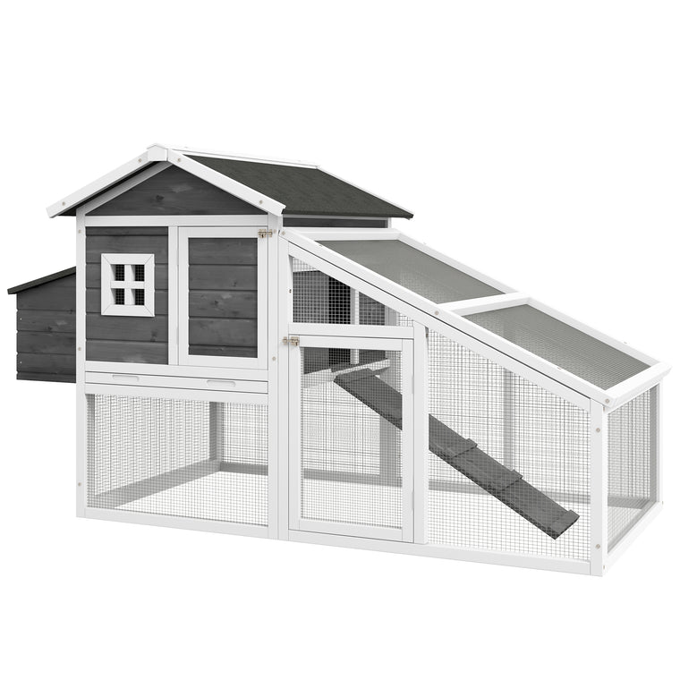 69" Grey Wooden Chicken Coop with Run & Nesting Box