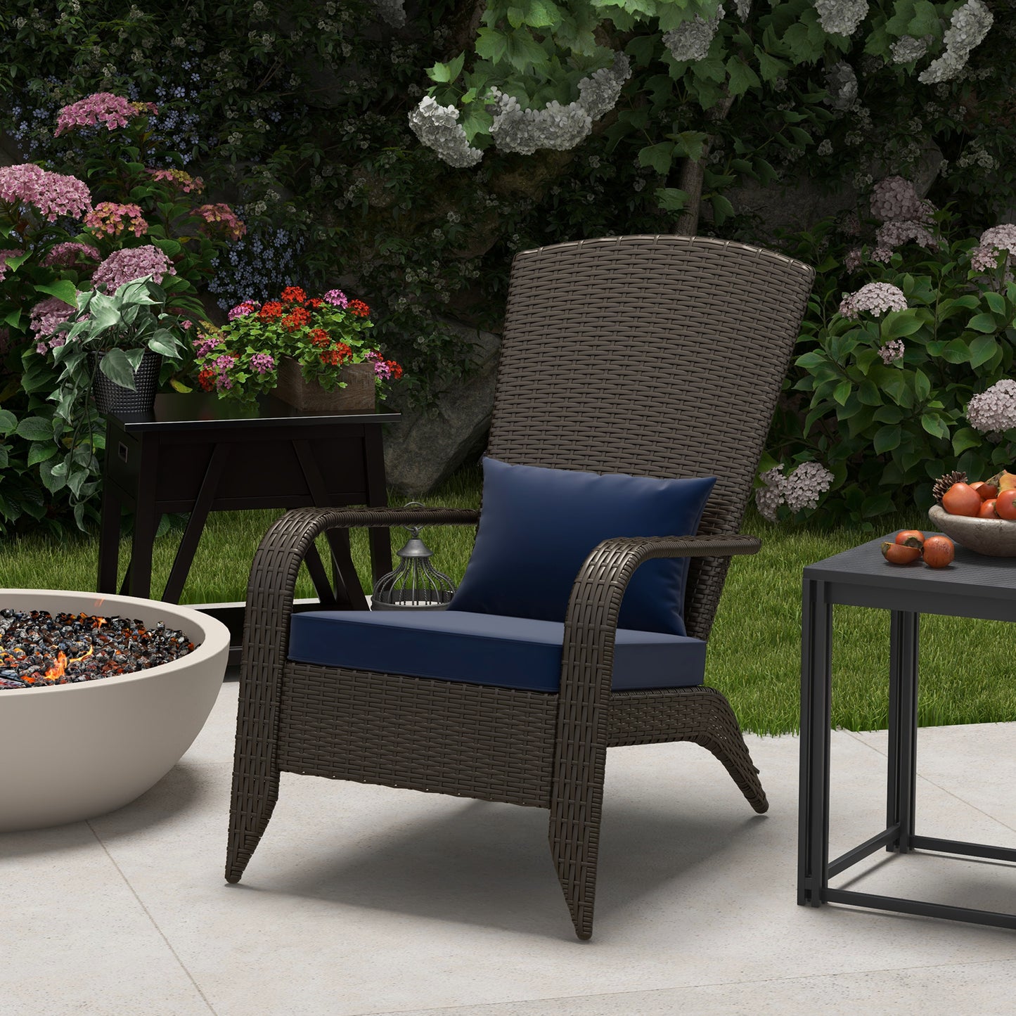 Patio Wicker Adirondack Chair, Outdoor Rattan Muskoka Chair with Cushions for Patio, Garden, Backyard Dark Blue