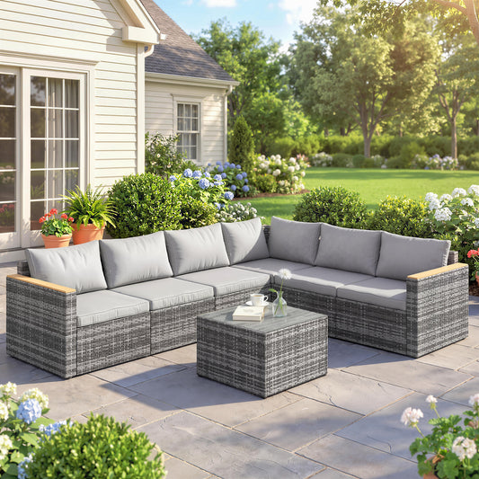 7 Piece Patio Furniture Set, L-Shaped Wicker Outdoor Sectional Sofa with Faux Wood Coffee Table, Cushions, Light Grey