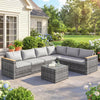7 Piece Patio Furniture Set, L-Shaped Wicker Outdoor Sectional Sofa with Faux Wood Coffee Table, Cushions, Light Grey