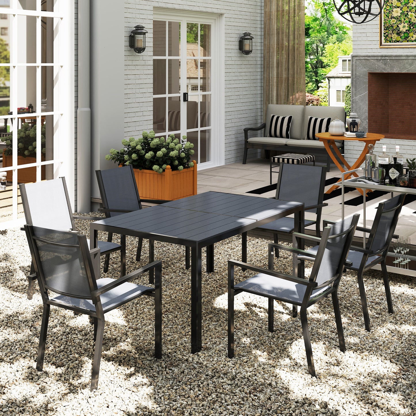 7 Piece Outdoor Dining Set with 6 Stackable Chairs, Rectangle Table, WPC Slatted Top, Rust-Resistant Steel Frame
