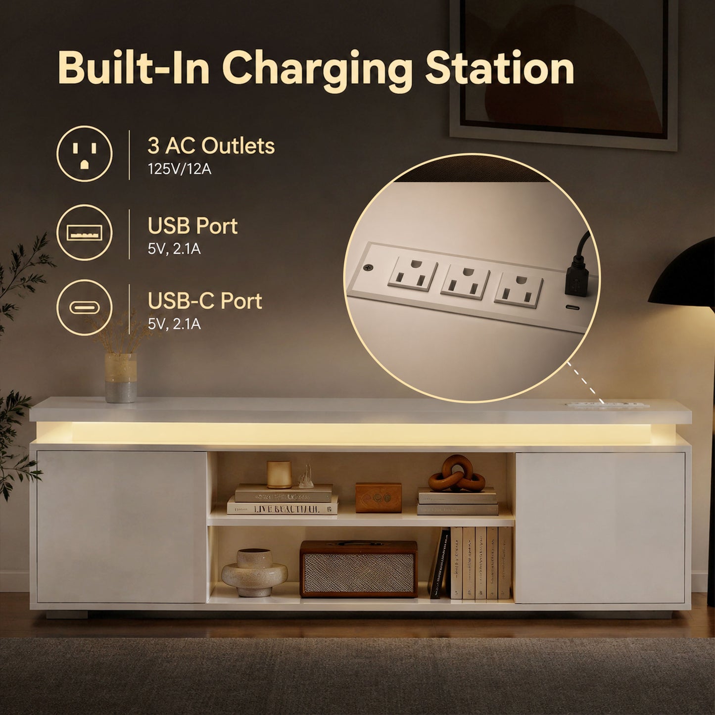 TV Stand for TVs up to 60 Inch, Modern Entertainment Center with LED Lights and Power Outlets, High Gloss White