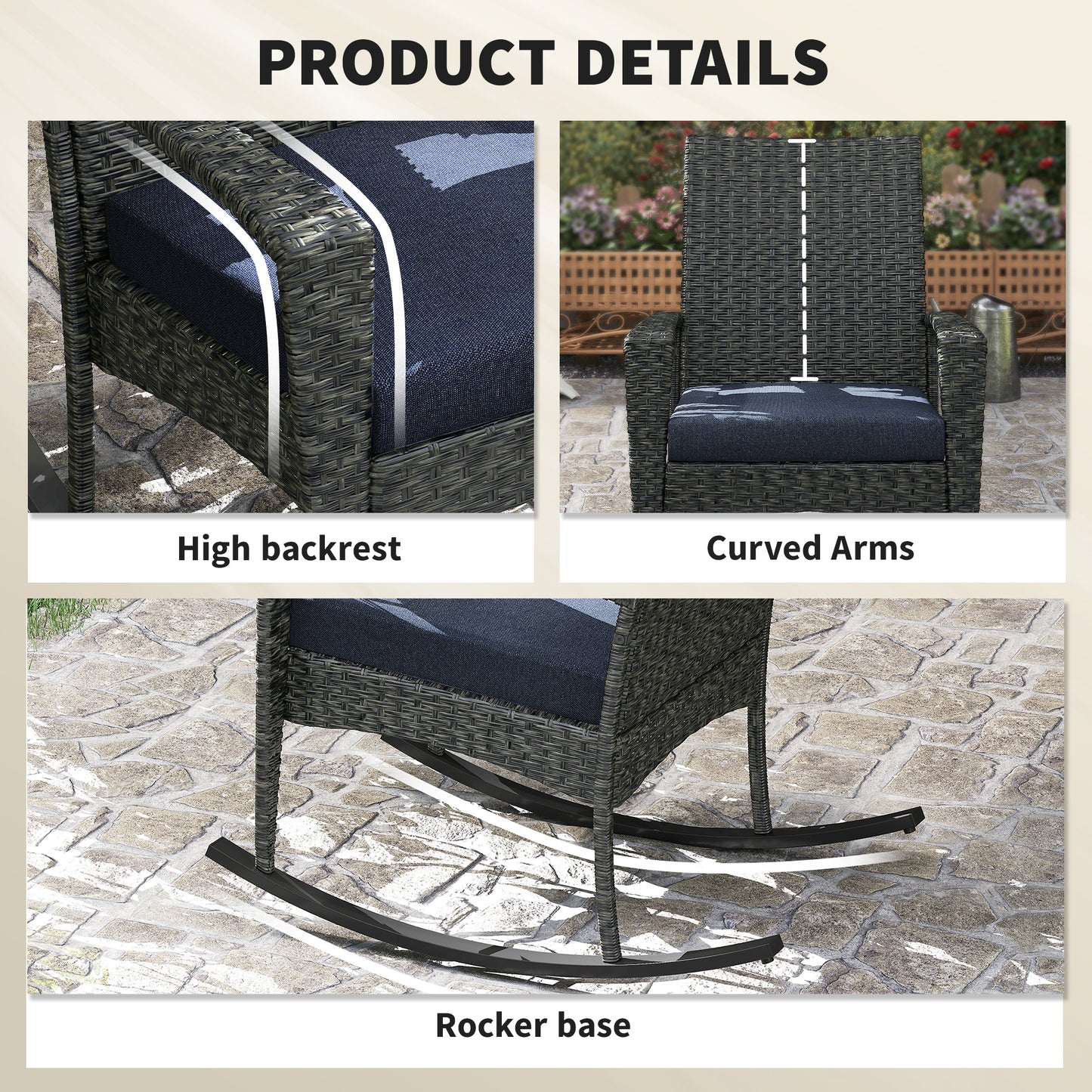 Outdoor Rocking Chair, Patio Wicker Chair Removable Cushion, High Back and Armrests for Porch Balcony, Navy Blue
