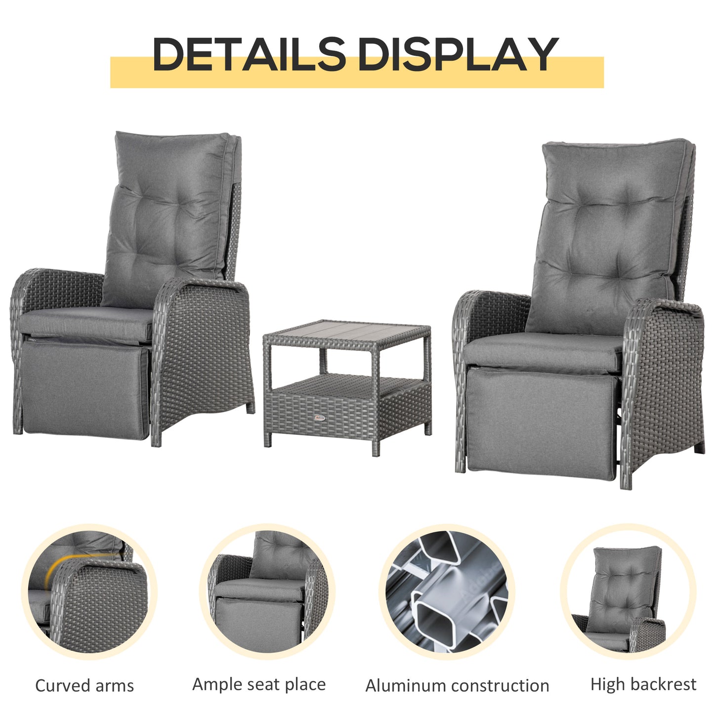 3 Pieces Patio Wicker Bistro Set, PE Rattan Coffee Table & Adjustable Recline Chairs Furniture Set with Cushions and Wood Grain Plastic Top, Grey