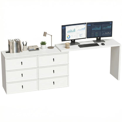 L-Shaped Computer Desk with 6 Drawers - White Wood Grain