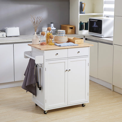 Rolling Kitchen Island with Wood Top and Drawers - White