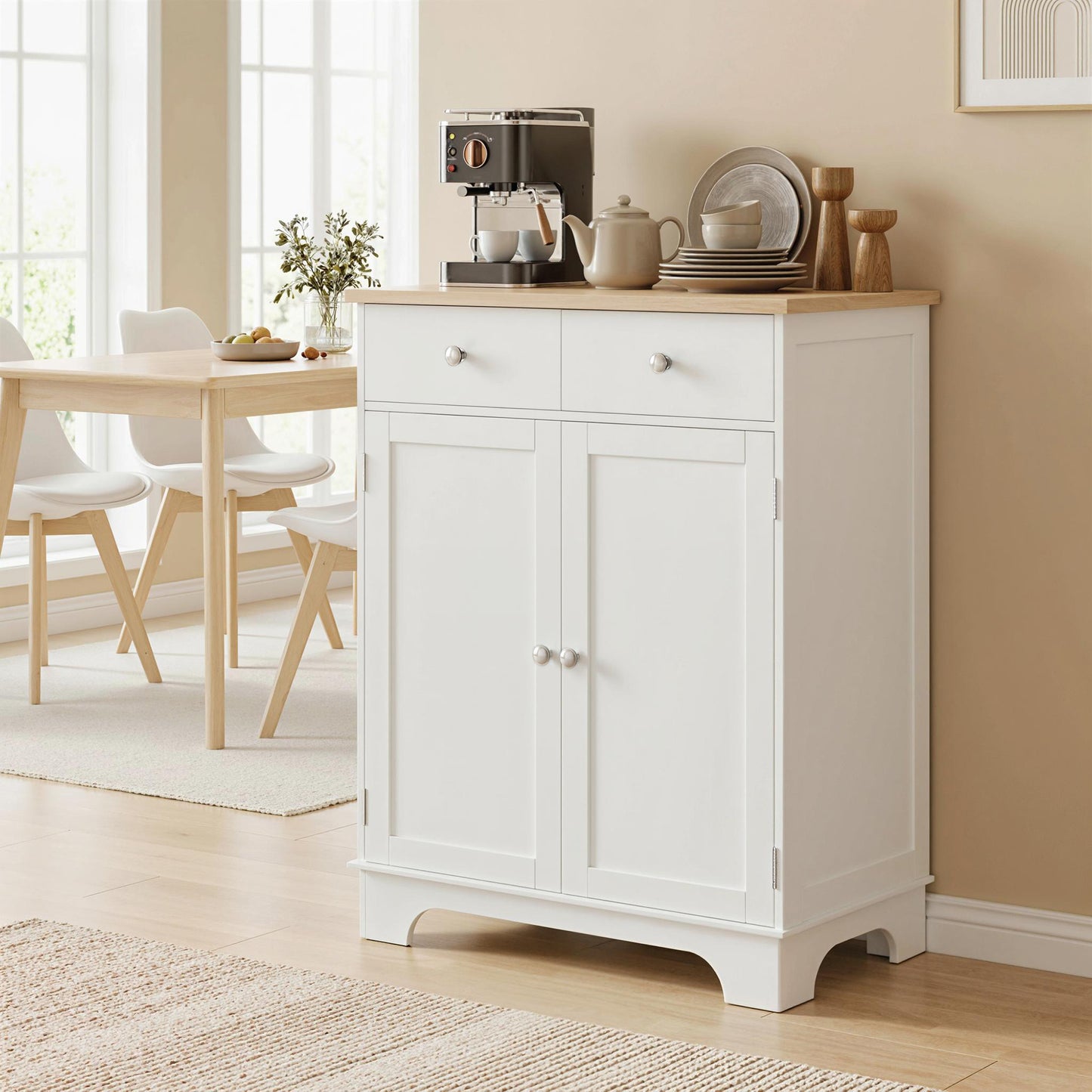 Sideboard Buffet Cabinet with Storage, 27" Kitchen Cabinet with Adjustable Shelf, 2 Drawers and 2 Doors, Coffee Bar Cabinet with Rubberwood Tabletop, White