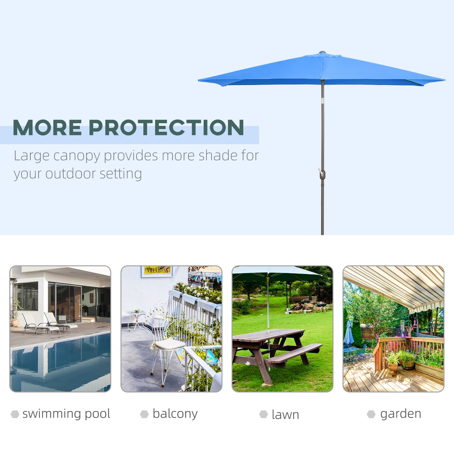 6.5x10ft Patio Umbrella, Rectangle Market Umbrella with Aluminum Frame and Crank Handle, Garden Parasol Outdoor Sunshade Canopy, Blue