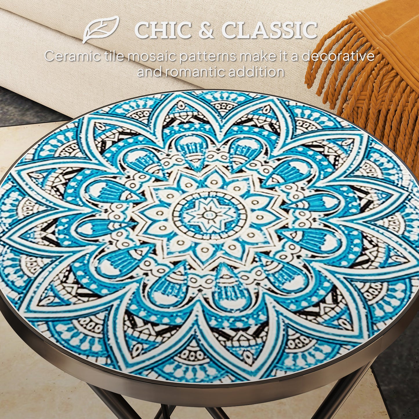 Mosaic Outdoor Patio Side Table, 14" Round Folding Outdoor Coffee Table with Steel Frame for Balcony Deck Patio Terrace, Mixed Colour