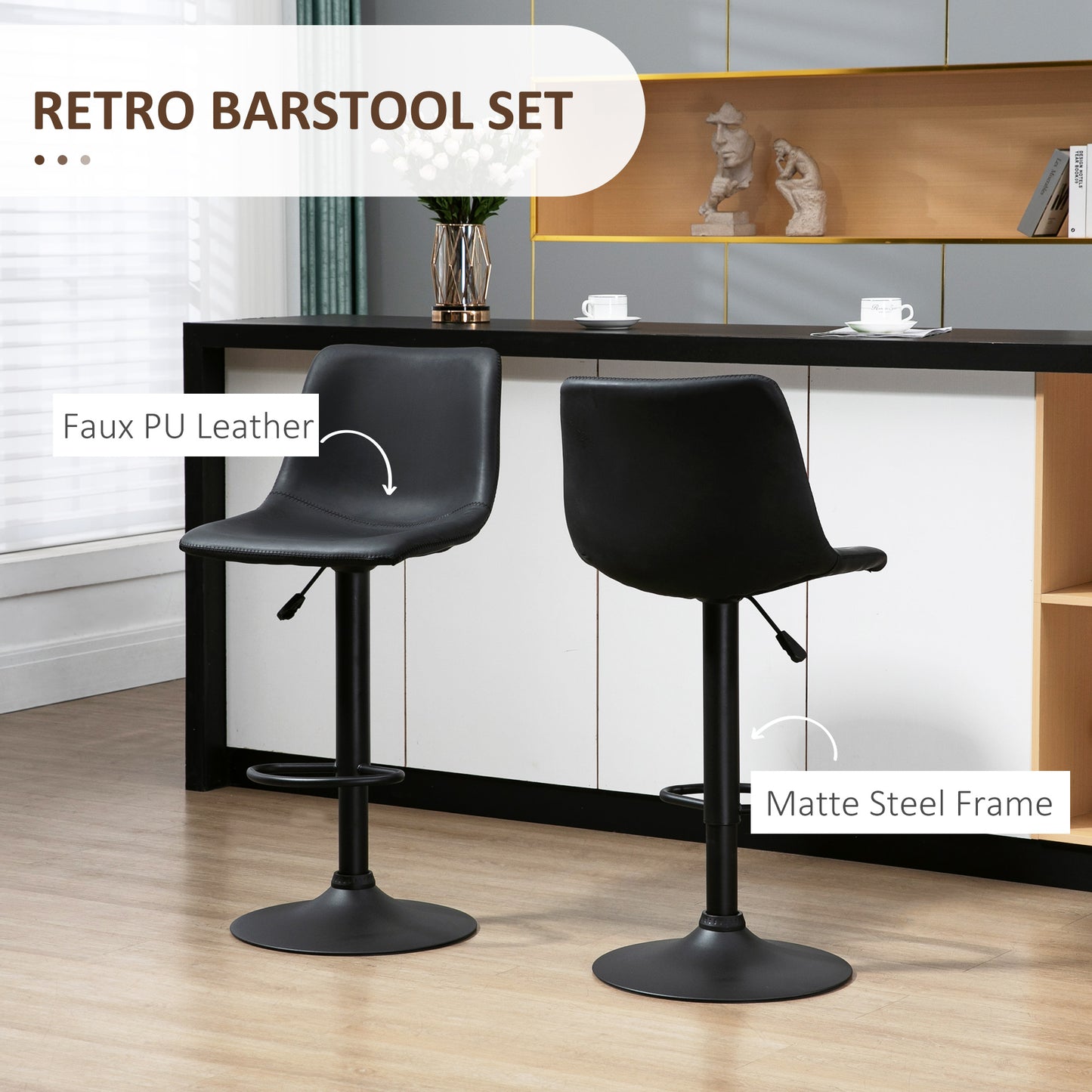 Adjustable Counter Height Bar Stools Set of 2, 360° Swivel Kitchen Counter Stools Dining Chairs with Backs, Vintage Leather, Retro Grey