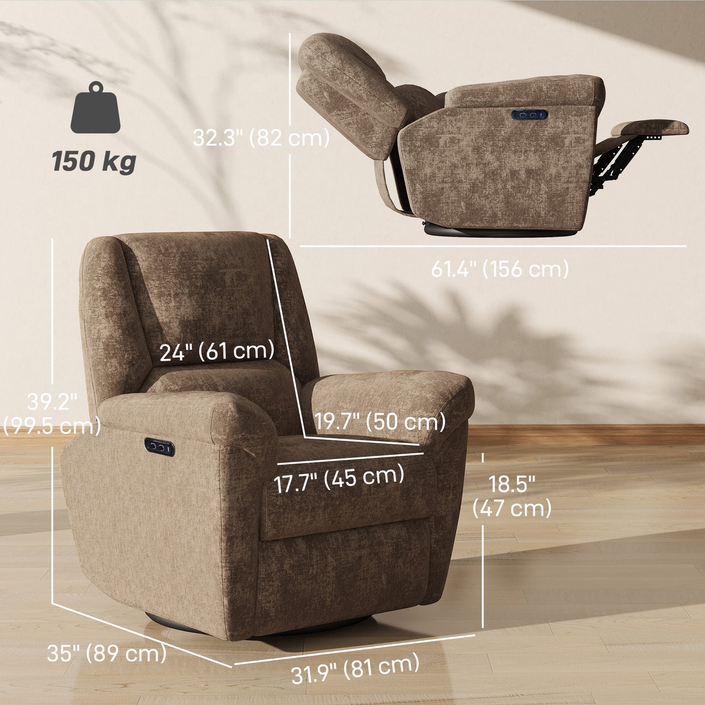Power Recliner Chair, Fabric Upholstered Recliner Chair with USB Ports, Swivel and Rocking Function, Footrest