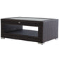 2-Tier Rattan Patio Coffee Table Wicker Patio Tea End Desk with Tempered Glass Top & Storage for Balcony, Backyard, Poolside