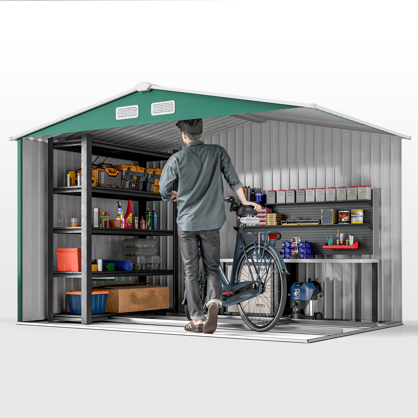 9.1' x 6.4' x 6.3' Garden Storage Shed w/ Foundation Kit Metal Tool Storage House w/ Double Doors Green