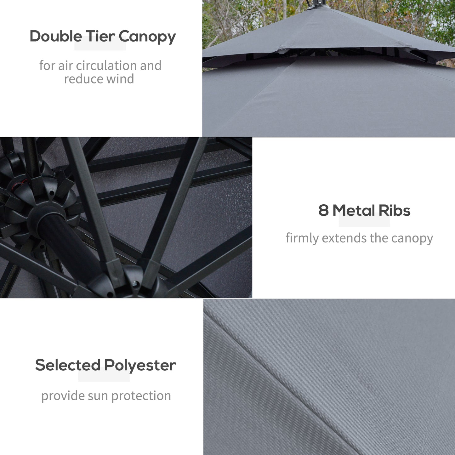 10FT Cantilever Patio Umbrella with Lights Solar Powered Offset Umbrella with Crank and Cross Base for Deck Grey