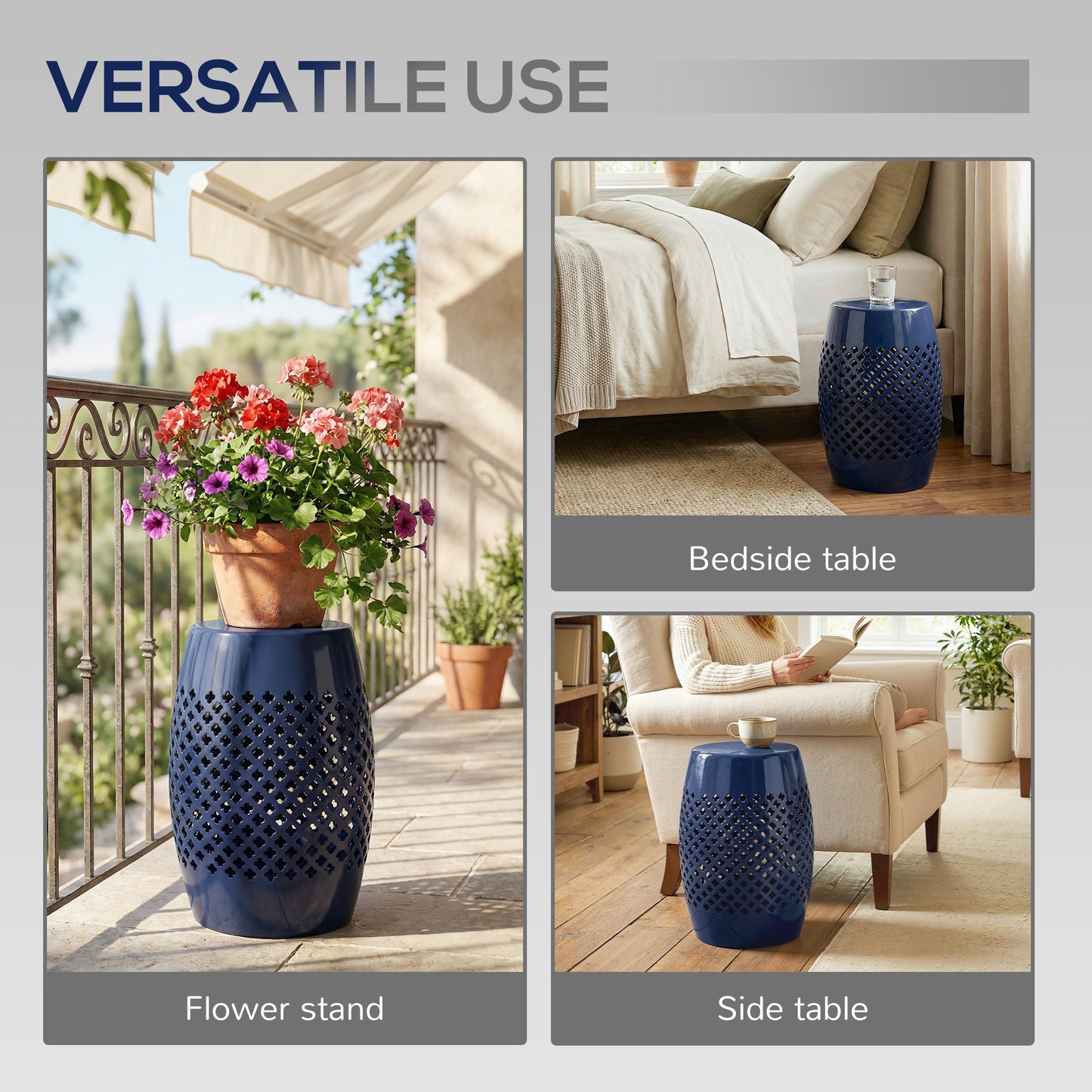 12" Steel Patio End Table, Round Hollow Drum Side Table, Accent Table for Indoor and Outdoor, Navy Blue