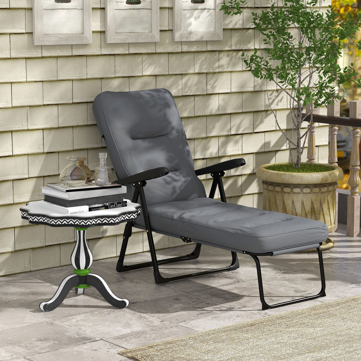 Folding Outdoor Lounge Chair with Cushion, Adjustable Backrest, Reclining Patio Garden Chair with Footrest, Wine Red