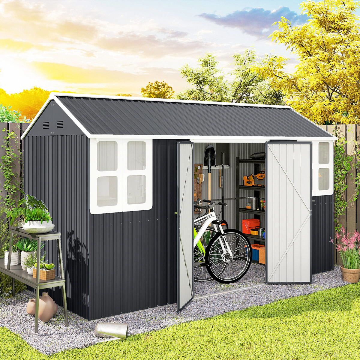 Metal Garden Storage Shed, Outdoor Tool Storage House with Lockable Door, Vents, Sloped Roof, Light Grey - 12' x 5.5'